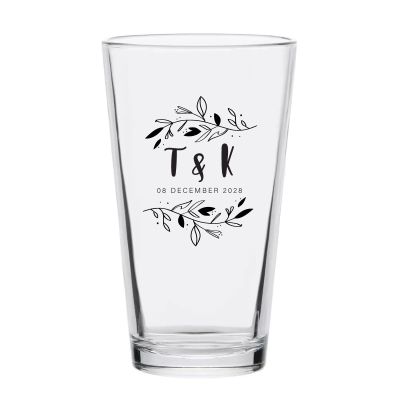 Personalized 16 oz Custom Pint Glasses - Initials with Leaves - Customized Pint Glasses