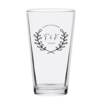 Personalized 16 oz Custom Pint Glasses - Laurel Leaf Signature Initial - Customized Pint Glasses