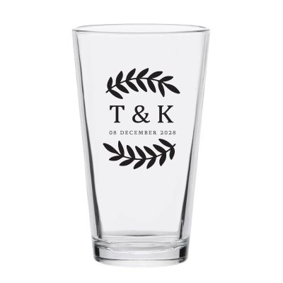Personalized 16 oz Custom Pint Glasses - Laurel Leaf Large Type Initials - Customized Pint Glasses