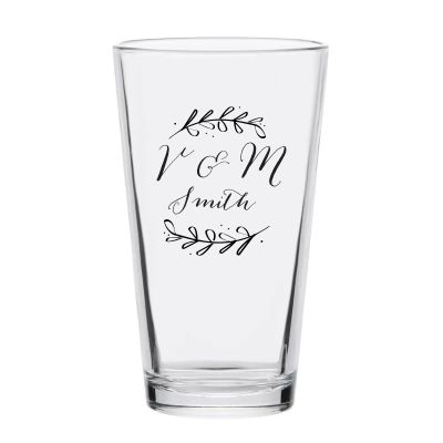 Personalized 16 oz Custom Pint Glasses - Laurel Leaf Drawing Initials - Customized Pint Glasses