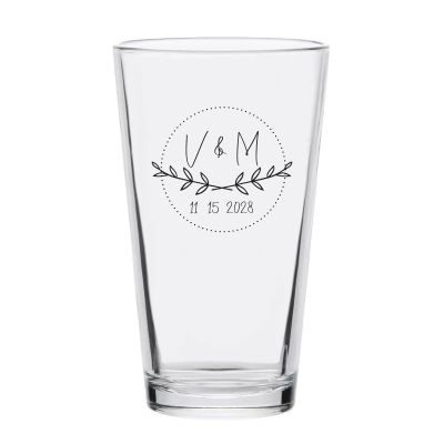 Personalized 16 oz Custom Pint Glasses - Handwritten Laurel Leaf Drawing Initials - Customized Pint Glasses