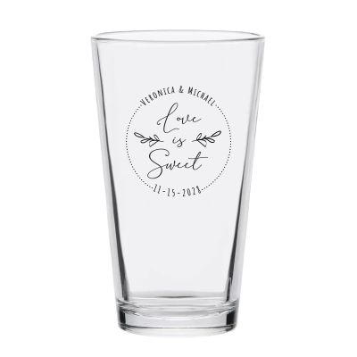 Personalized 16 oz Custom Pint Glasses - Love is Sweet Circle Stamp - Customized Pint Glasses