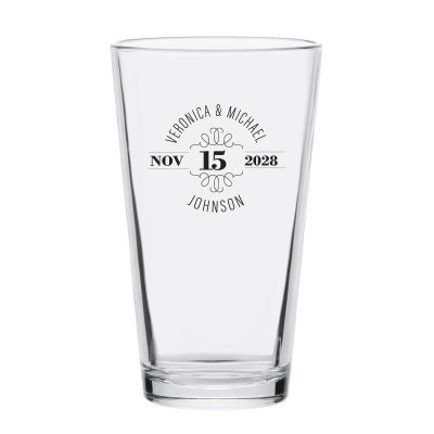 Personalized 16 oz Custom Pint Glasses - Deco Names and Date Circle Stamp - Customized Pint Glasses