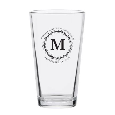 Personalized 16 oz Custom Pint Glasses - Large Laurel Monogram - Customized Pint Glasses