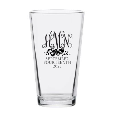 Personalized 16 oz Custom Pint Glasses - Three Letter Monogram with Rose - Customized Pint Glasses