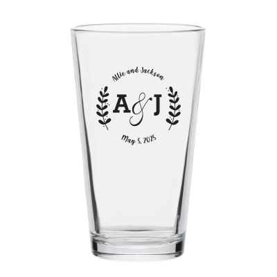 Personalized 16 oz Custom Pint Glasses - Leaves Initials - Customized Pint Glasses