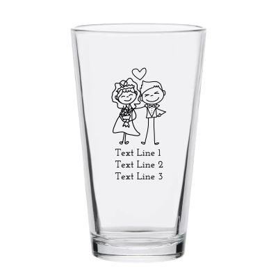 Personalized 16 oz Custom Pint Glasses - Stick Figure Bride and Groom - Customized Pint Glasses