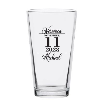 Personalized 16 oz Custom Pint Glasses - Stacked Date Written Names - Customized Pint Glasses