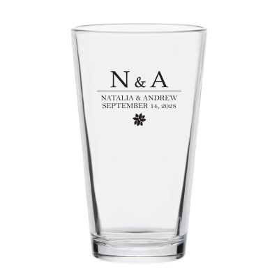 Personalized 16 oz Custom Pint Glasses - Flower Initials Name and Date - Customized Pint Glasses