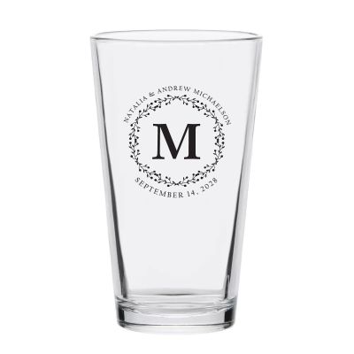 Personalized 16 oz Custom Pint Glasses - Flower Laurel Monogram - Customized Pint Glasses
