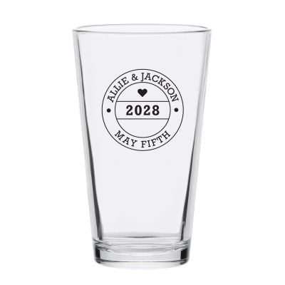 Personalized 16 oz Custom Pint Glasses - Heart Circle Stamp - Customized Pint Glasses