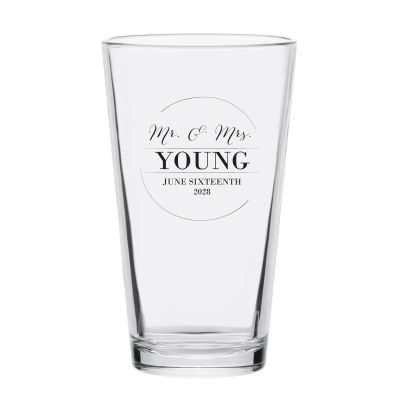 Personalized 16 oz Custom Pint Glasses - Mr. & Mrs. Circle Stamp No.3 - Customized Pint Glasses