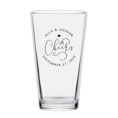 Personalized 16 oz Custom Pint Glasses - Cheers with Heart Circle Stamp - Customized Pint Glasses
