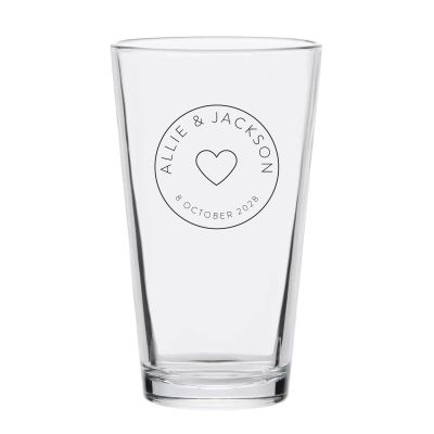 Personalized 16 oz Custom Pint Glasses - Heart Names and Date Stamp - Customized Pint Glasses