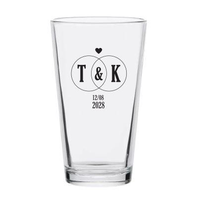 Personalized 16 oz Custom Pint Glasses - Initials Linked Rings with Heart - Customized Pint Glasses