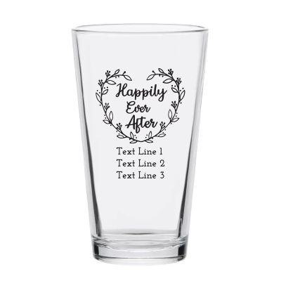 Personalized 16 oz Custom Pint Glasses - Happily Ever After Floral Heart Wreath - Customized Pint Glasses
