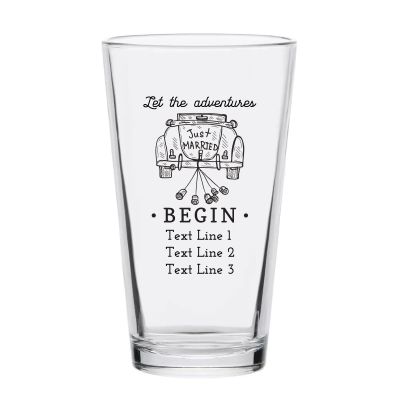Personalized 16 oz Custom Pint Glasses - Let the Adventures Begin - Just Married Car - Customized Pint Glasses