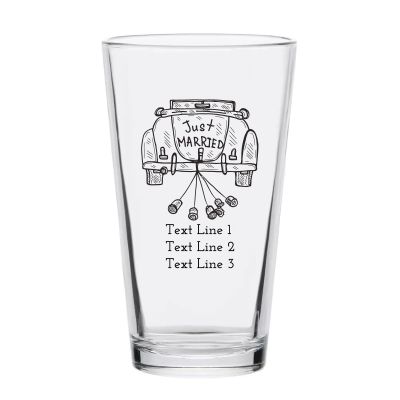 Personalized 16 oz Custom Pint Glasses - Just Married Car - Customized Pint Glasses
