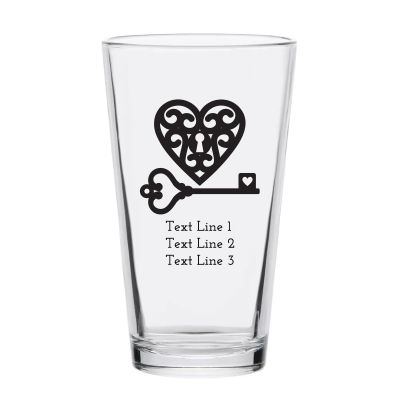 Personalized 16 oz Custom Pint Glasses - Heart Lock and Key - Customized Pint Glasses