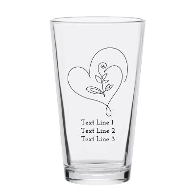 Personalized 16 oz Custom Pint Glasses - Rose Heart Line Art - Customized Pint Glasses