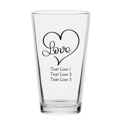 Personalized 16 oz Custom Pint Glasses - Love Heart Script - Customized Pint Glasses