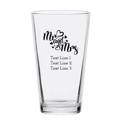 Personalized 16 oz Custom Pint Glasses - Mr & Mrs Hearts - Customized Pint Glasses