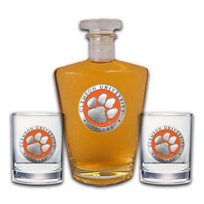 Clemson University Tigers - Royal Decanter with 2 Double Old Fashioned Glasses