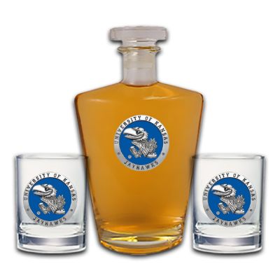 University of Kansas Jayhawks - Royal Decanter with 2 Double Old Fashioned Glasses