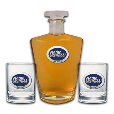 University of Mississippi - Ole Miss Blue - Royal Decanter with 2 Double Old Fashioned Glasses