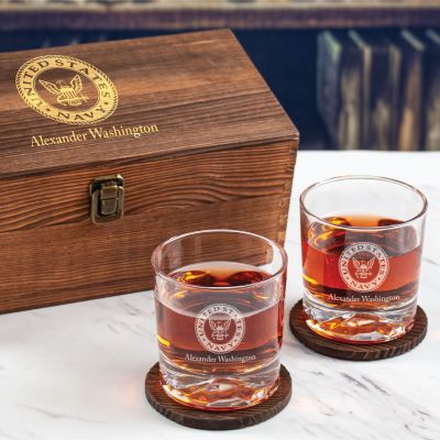Custom Engraved NAVY - Military Gifts - Personalized Whiskey Glasses In Wood Gift Box