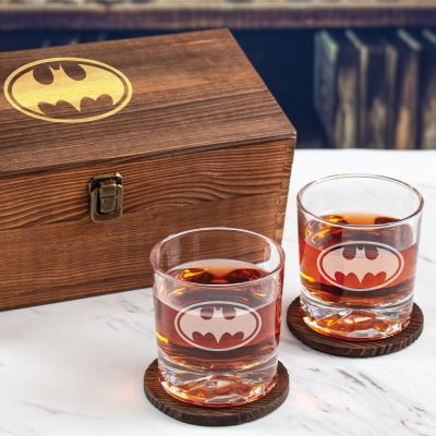 Custom Engraved Batman - Superhero Theme - Personalized Whiskey Glasses In Wood Gift Box