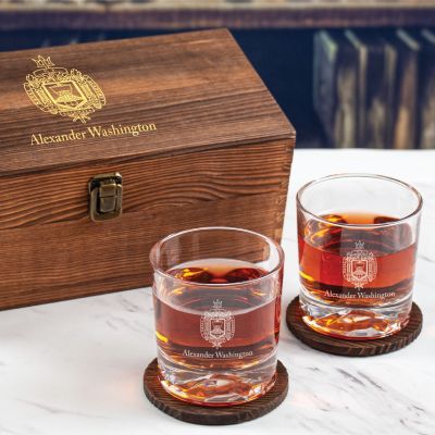 Custom Engraved US NAVY Academy  - Personalized Whiskey Glasses In Wood Gift Box