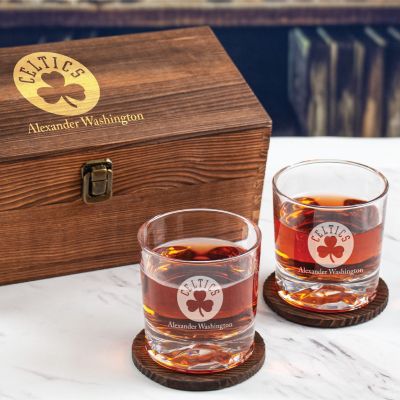 Custom Engraved Shamrock Celtics Silhouette  - Personalized Whiskey Glasses In Wood Gift Box
