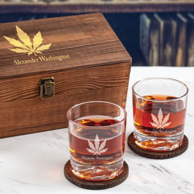 Custom Engraved Cannabis Leaf - Personalized Whiskey Glasses In Wood Gift Box