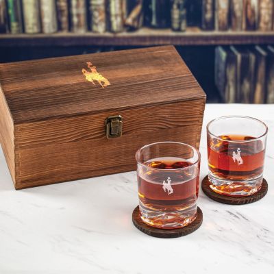 Custom Engraved Bucking Horse and Rider - Personalized Whiskey Glasses In Wood Gift Box