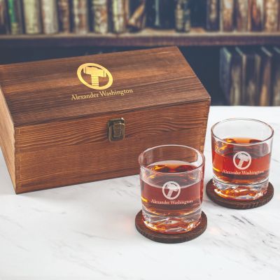 Custom Engraved Thors Mjolnir Hammer - Personalized Whiskey Glasses In Wood Gift Box