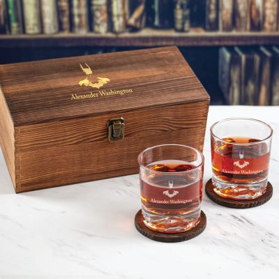 Custom Engraved Batman Silhouette - Personalized Whiskey Glasses In Wood Gift Box