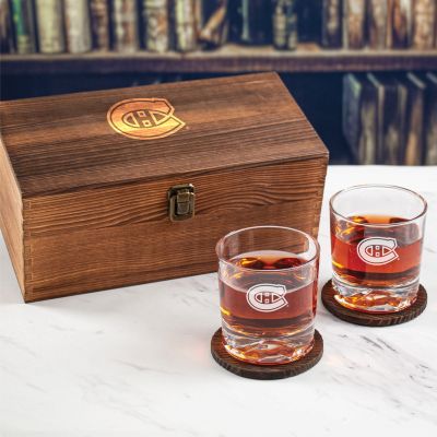 Custom Engraved Canadiens - Personalized Whiskey Glasses In Wood Gift Box