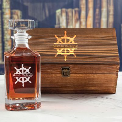 Custom Engraved Sail Wheel - Personalized Whiskey Decanter In Wood Gift Box