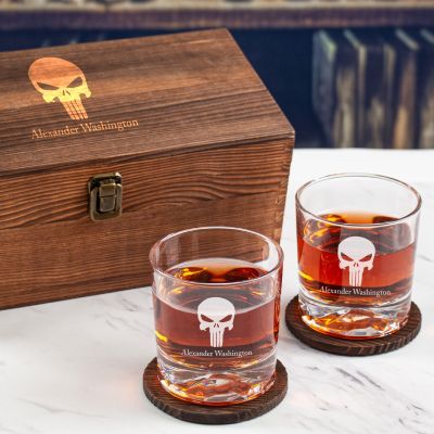 Custom Engraved Punisher Emblem - Personalized Whiskey Glasses In Wood Gift Box