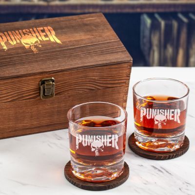 Custom Engraved Punisher - Personalized Whiskey Glasses In Wood Gift Box