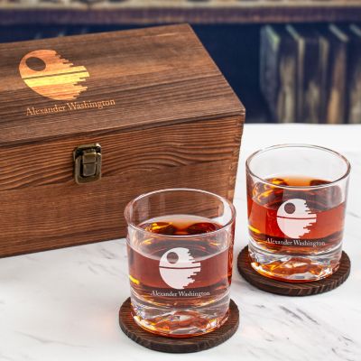 Custom Engraved Death Star - Personalized Whiskey Glasses In Wood Gift Box