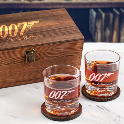 Custom Engraved 007 - Personalized Whiskey Glasses In Wood Gift Box