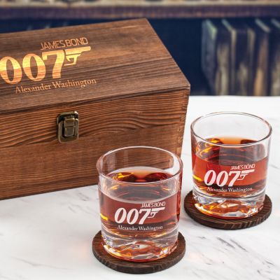 Custom Engraved 007 James Bond - Personalized Whiskey Glasses In Wood Gift Box