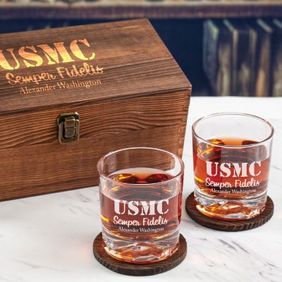 Custom Engraved USMC Semper Fidelis - Personalized Whiskey Glasses In Wood Gift Box