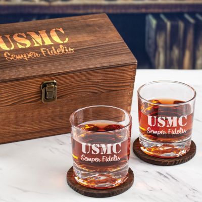 Custom Engraved USMC Semper Fidelis - Personalized Whiskey Glasses In Wood Gift Box