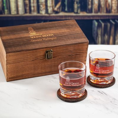 Custom Engraved University of South Carolina - Personalized Whiskey Glasses In Wood Gift Box