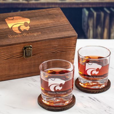 Custom Engraved Kansas State Wildcats Football - Personalized Whiskey Glasses In Wood Gift Box