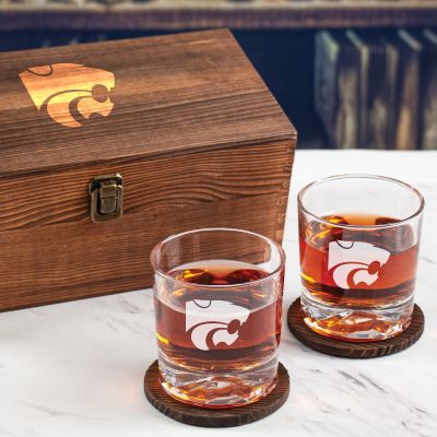 Custom Engraved Kansas State Wildcats Football - Personalized Whiskey Glasses In Wood Gift Box