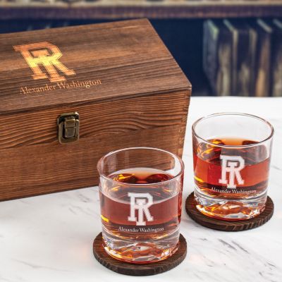 Custom Engraved Rhode Island Rams Football - Personalized Whiskey Glasses In Wood Gift Box